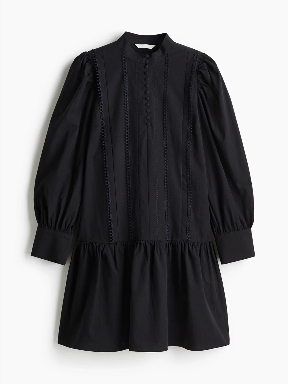 H&M Button Front Mini Dress Picot Trim Size Medium Black Long Sleeve Drop Waist